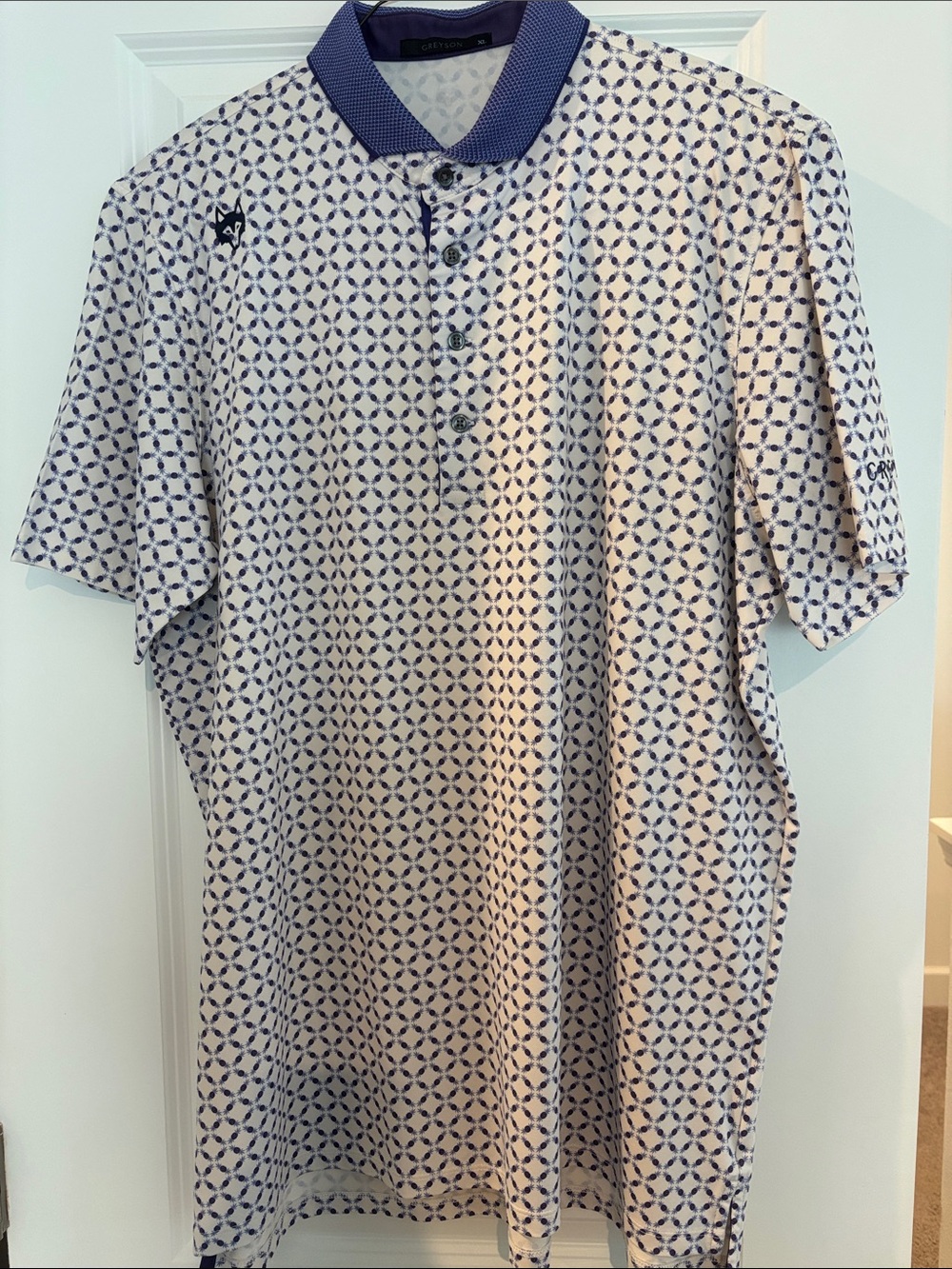 Greyson White Polo with Navy Geometric Print